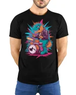 Rock Drummer Dinosaur Funny Art T-Shirt - model with hands behind back, wearing Black T-shirt and blue jeans