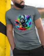 Cute Dragon Color Splash Fantasy T-Shirt - model leaning on yellow-black pole, wearing Gray T-shirt, hand in pocket