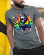 Funny Tennis Gorilla Rainbow T-Shirt - model leaning on yellow-black pole, wearing Gray T-shirt, hand in pocket