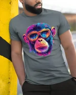 Neon Monkey Sunglasses Cool Art T-Shirt - model leaning on yellow-black pole, wearing Gray T-shirt, hand in pocket