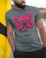 Fierce Bulldog Face T-Shirt - model leaning on yellow-black pole, wearing Gray T-shirt, hand in pocket