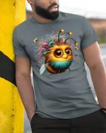 Cute Fuzzy Bee Big Eyes T-Shirt - model leaning on yellow-black pole, wearing Gray T-shirt, hand in pocket