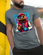 Rapper Bear Hip Hop T-Shirt - model leaning on yellow-black pole, wearing Gray T-shirt, hand in pocket