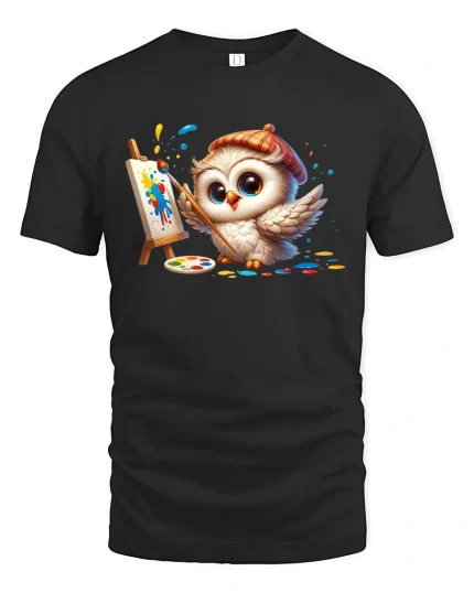 Cute Painter Owl Art Splatter T-Shirt - black t-shirt on white background