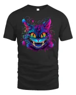 Neon Psychedelic Crazy Cat Graphic T-Shirt - black t-shirt on white background