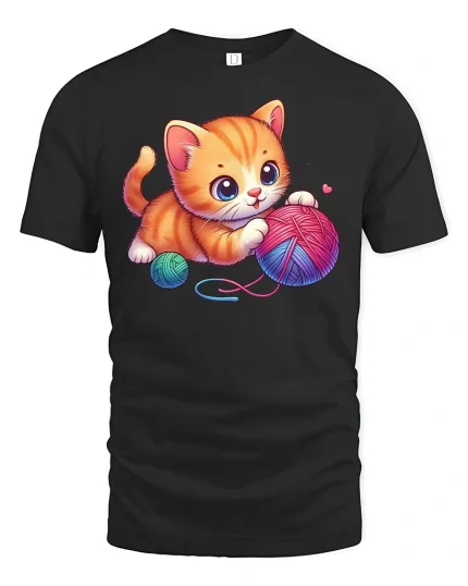 Cute Kitten Playing with Yarn Balls T-Shirt - black t-shirt on white background