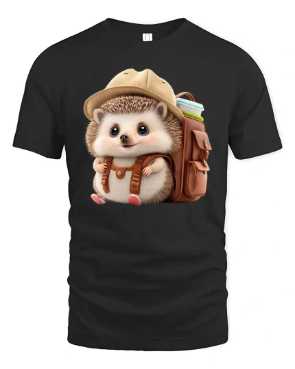 Cute Explorer Hedgehog Backpack T-Shirt - black t-shirt on white background