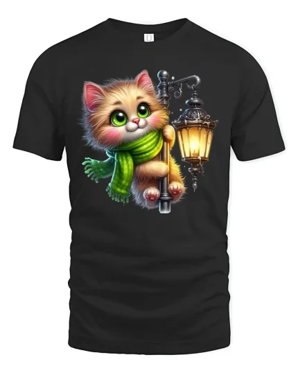 Cute Kitten Lantern Glow Night T-Shirt - black t-shirt on white background