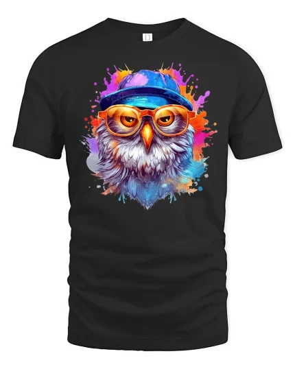 Cool Hipster Owl Splash Paint T-Shirt - black t-shirt on white background
