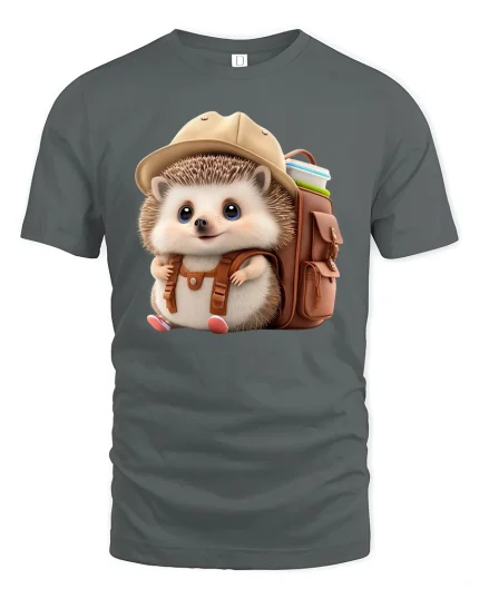 Cute Explorer Hedgehog Backpack T-Shirt - gray t-shirt on white background