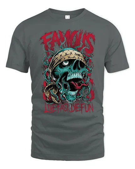 Live Fast Skull Graphic Rock Style T-Shirt - gray t-shirt on white background