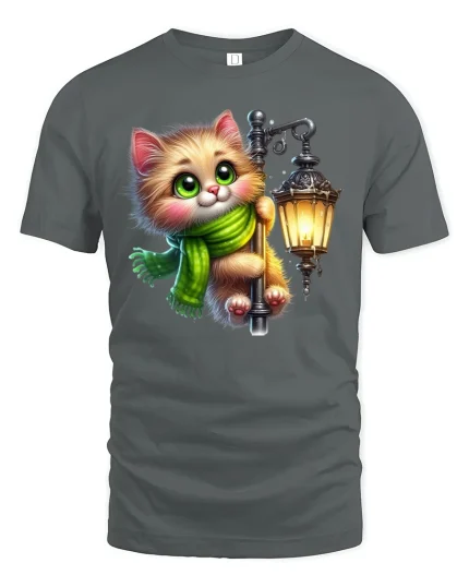 Cute Kitten Lantern Glow Night T-Shirt - gray t-shirt on white background