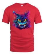 Neon Psychedelic Crazy Cat Graphic T-Shirt - red t-shirt on white background
