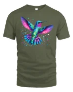 Colorful Hummingbird Splatter Art T-Shirt - military green t-shirt on white background