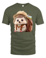 Cute Explorer Hedgehog Backpack T-Shirt - military green t-shirt on white background