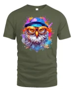 Cool Hipster Owl Splash Paint T-Shirt - military green t-shirt on white background