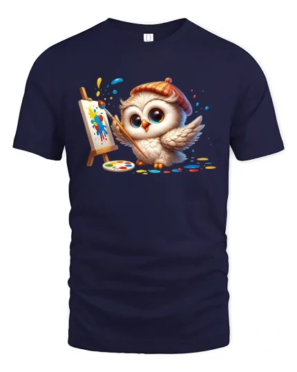 Cute Painter Owl Art Splatter T-Shirt - navy t-shirt on white background