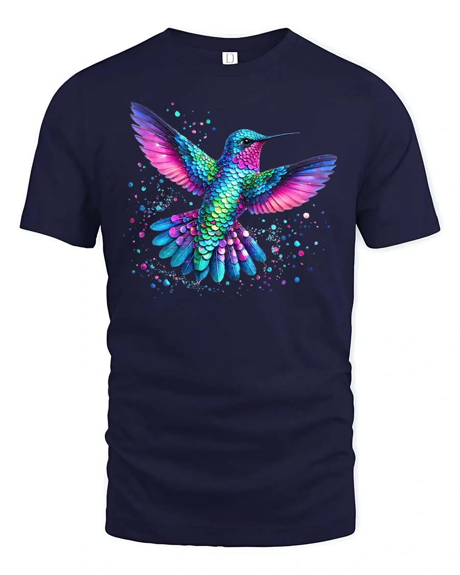 Colorful Hummingbird Splatter Art T-Shirt - 1 Colorful Hummingbird Splatter Art T-Shirt - navy t-shirt on white background