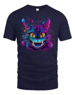 Neon Psychedelic Crazy Cat Graphic T-Shirt - navy t-shirt on white background