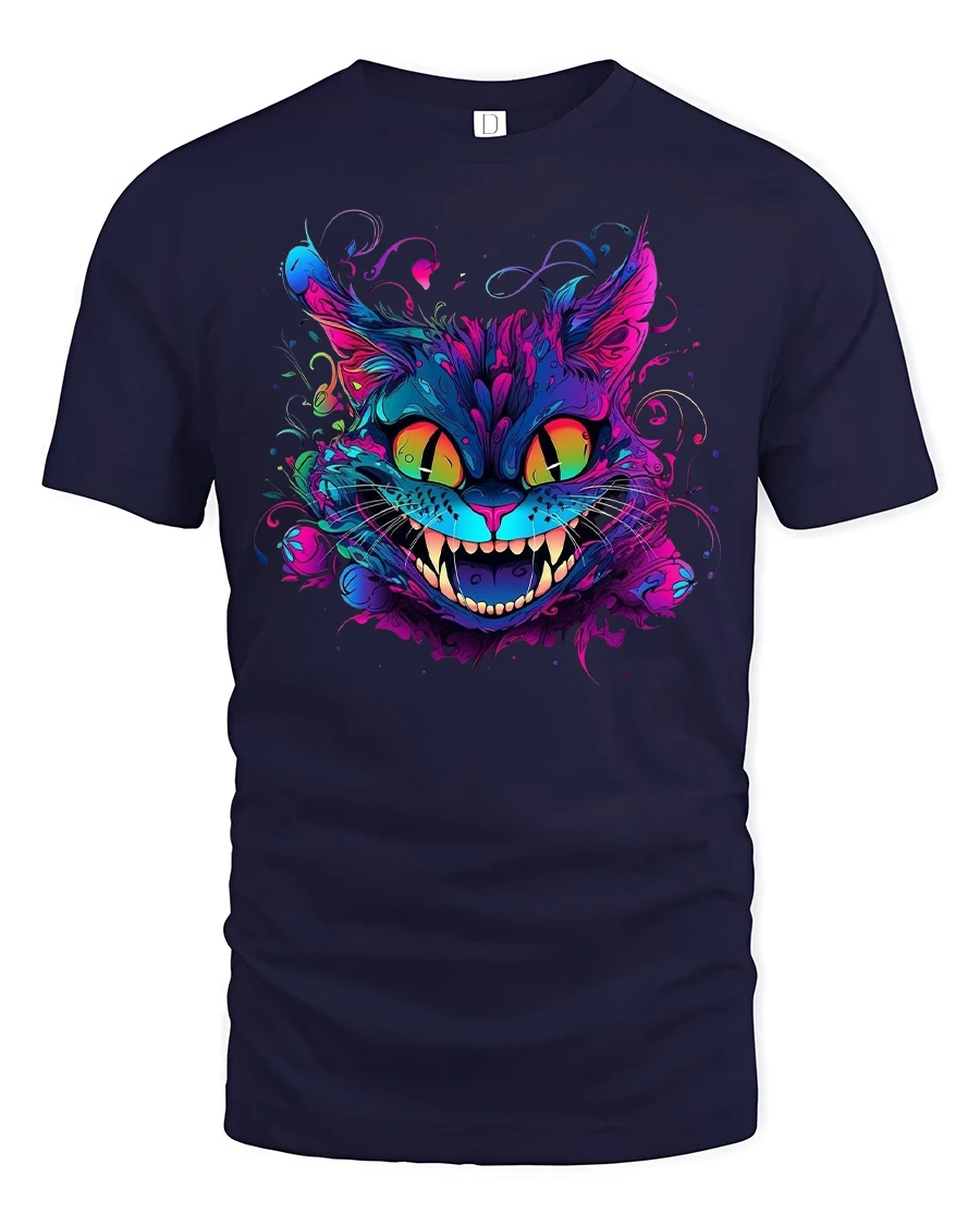 Neon Psychedelic Crazy Cat Graphic T-Shirt - 1 Neon Psychedelic Crazy Cat Graphic T-Shirt - navy t-shirt on white background