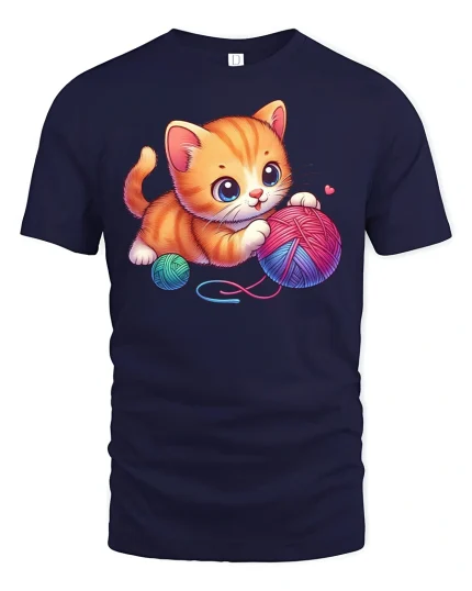 Cute Kitten Playing with Yarn Balls T-Shirt - navy t-shirt on white background