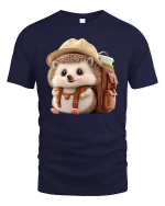 Cute Explorer Hedgehog Backpack T-Shirt - navy t-shirt on white background