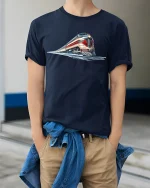 Retro Express Locomotive Train T-Shirt - model wearing Navy T-shirt, hands in pockets, denim shirt at waist