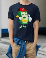 Funny Money Cartoon Dollar Bill T-Shirt - model wearing Navy T-shirt, hands in pockets, denim shirt at waist