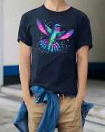 Colorful Hummingbird Splatter Art T-Shirt - model wearing Navy T-shirt, hands in pockets, denim shirt at waist