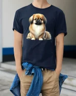 Cute Fluffy Dog Lover Graphic Pet T-Shirt - model wearing Navy T-shirt, hands in pockets, denim shirt at waist