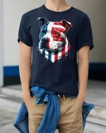 American Flag Pitbull Patriotic Dog T-Shirt - model wearing Navy T-shirt, hands in pockets, denim shirt at waist