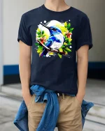 Colorful Kingfisher Bird Nature Art T-Shirt - model wearing Navy T-shirt, hands in pockets, denim shirt at waist