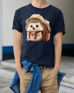 Cute Explorer Hedgehog Backpack T-Shirt - model wearing Navy T-shirt, hands in pockets, denim shirt at waist