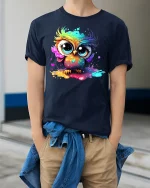 Cute Rainbow Owl Color Splash T-Shirt - model wearing Navy T-shirt, hands in pockets, denim shirt at waist