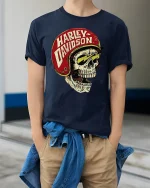 Vintage Biker Skull Helmet T-Shirt - model wearing Navy T-shirt, hands in pockets, denim shirt at waist