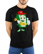 Funny Money Cartoon Dollar Bill T-Shirt - model with hands behind back, wearing Black T-shirt and blue jeans