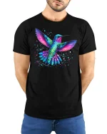 Colorful Hummingbird Splatter Art T-Shirt - model with hands behind back, wearing Black T-shirt and blue jeans