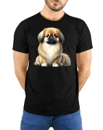 Cute Fluffy Dog Lover Graphic Pet T-Shirt - model with hands behind back, wearing Black T-shirt and blue jeans