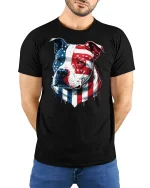American Flag Pitbull Patriotic Dog T-Shirt - model with hands behind back, wearing Black T-shirt and blue jeans