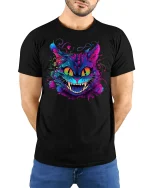 Neon Psychedelic Crazy Cat Graphic T-Shirt - model with hands behind back, wearing Black T-shirt and blue jeans