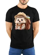 Cute Explorer Hedgehog Backpack T-Shirt - model with hands behind back, wearing Black T-shirt and blue jeans