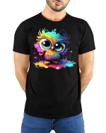 Cute Rainbow Owl Color Splash T-Shirt - model with hands behind back, wearing Black T-shirt and blue jeans