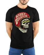 Vintage Biker Skull Helmet T-Shirt - model with hands behind back, wearing Black T-shirt and blue jeans