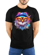 Cool Hipster Owl Splash Paint T-Shirt - model with hands behind back, wearing Black T-shirt and blue jeans