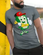 Funny Money Cartoon Dollar Bill T-Shirt - model leaning on yellow-black pole, wearing Gray T-shirt, hand in pocket