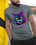 Neon Psychedelic Crazy Cat Graphic T-Shirt - model leaning on yellow-black pole, wearing Gray T-shirt, hand in pocket