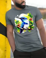 Colorful Kingfisher Bird Nature Art T-Shirt - model leaning on yellow-black pole, wearing Gray T-shirt, hand in pocket