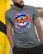 Cool Hipster Owl Splash Paint T-Shirt - model leaning on yellow-black pole, wearing Gray T-shirt, hand in pocket