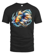 Vibrant Koi Fish Splash Art Tee - black t-shirt on white background
