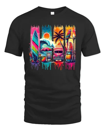 Tropical Surf Sunset Tee - black t-shirt on white background